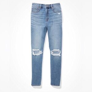 American Eagle Women's Size 2 Blue Ripped Mom Jeans High-Rise Relaxed Fit